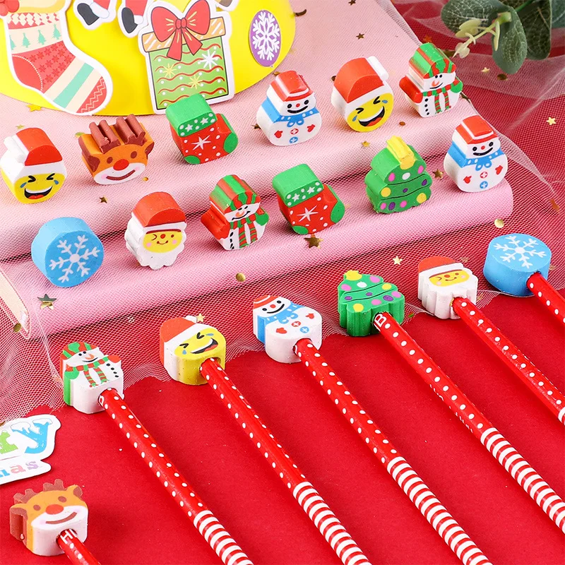 20pcs Christmas Cartoon Pencil Hb with Rubber Kindergarten Christmas Gift Creative  Kawaii School Supplies Student Stationery