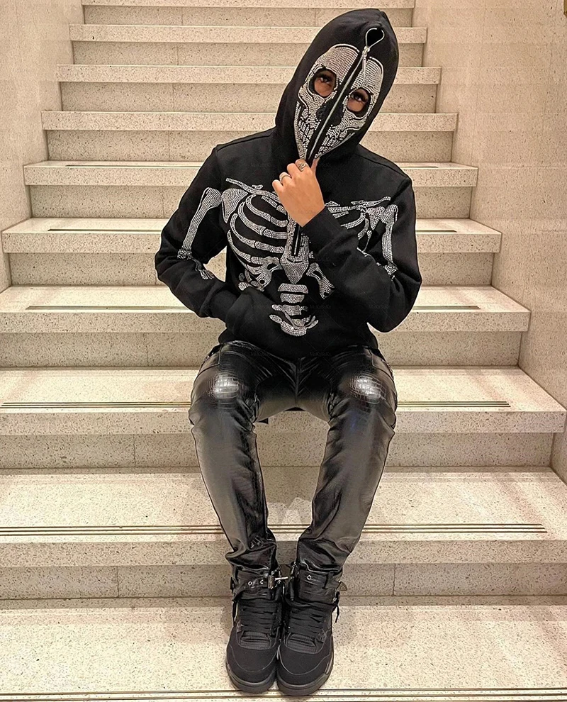 Mens Rhinestone Skeleton Sweatshirt Korean Fashion Punk Sport Coat Pullover skull graphics Goth Long Sleeve Hoodie Y2k jacket