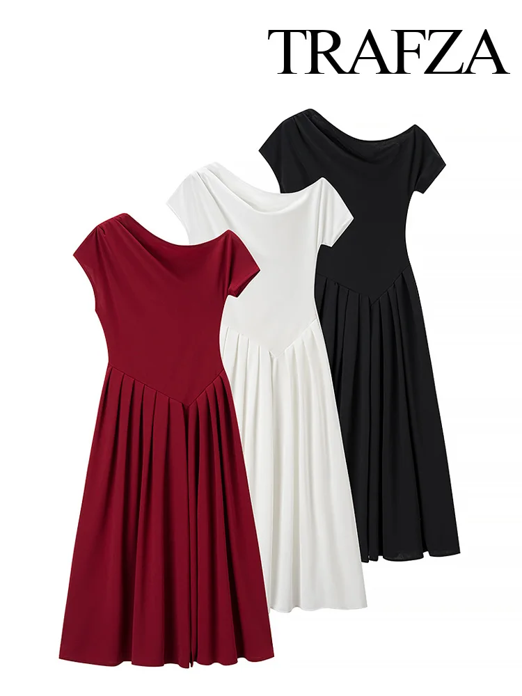 

TRAFZA Women's Summer Fashion Solid Round Neck Short Sleeve Oblique Shoulders Dress Female Temperament Zipper Pleated Midi Dress
