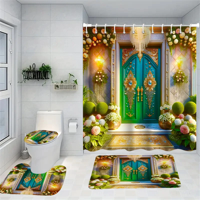 

Diamonds door Floral Pattern Shower Curtain Bath Sets Waterproof Non-Slip Bathroom Rug Toilet U With 12 Hooks Home Deco