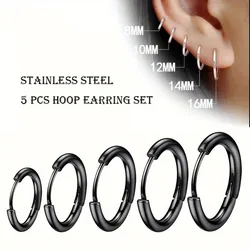 5 Pcs Men's Simple Stainless Steel Hoop Earrings, Unisex Earrings, Cartilage Piercings Jewelry
