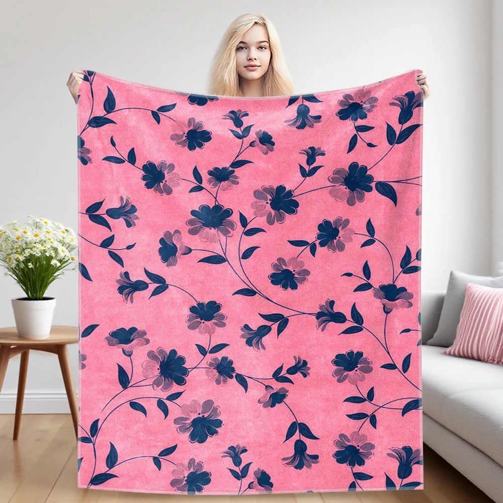 Pink Navy Floral Vines Flannel Blanket, Ultra-Fine Fiber, All Season Luxurious Fluffy Blanket Suitable For Beds Or Sofas