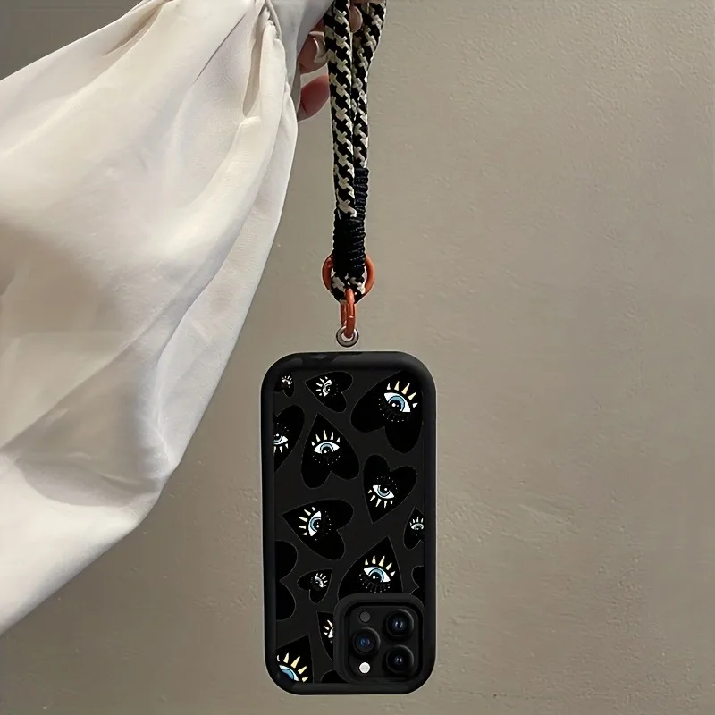 Black Love Heart Eye Hang Strap Phone Case For Samsung Galaxy Note 20 S23 S24 S25 S26 Plus S24 S23 FE S23 S24 S25 Ultra Cover