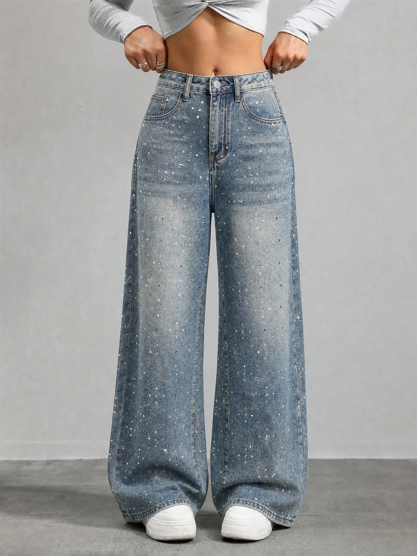 High Waist Long Pants for Women Glittering Four Colors Rhinestone Wide Leg Denim Jeans Floor-Length Straight Cut High Quality