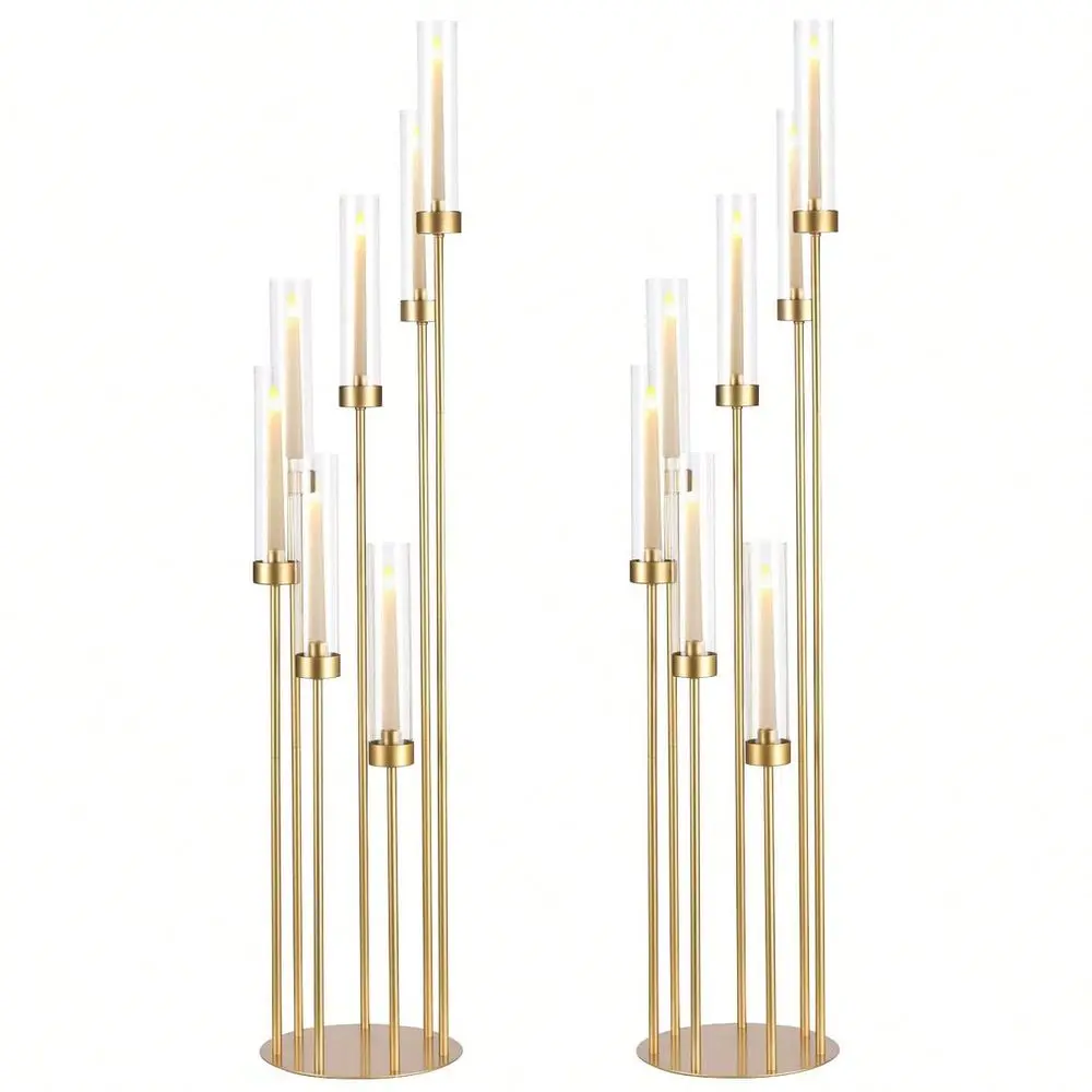 2Pcs 7Arm Tall Floor Candelabra Centerpiece, 48 Inch Metal Candlestick Holder With Acrylic Lampshade, Suitable For Wedding, Bri
