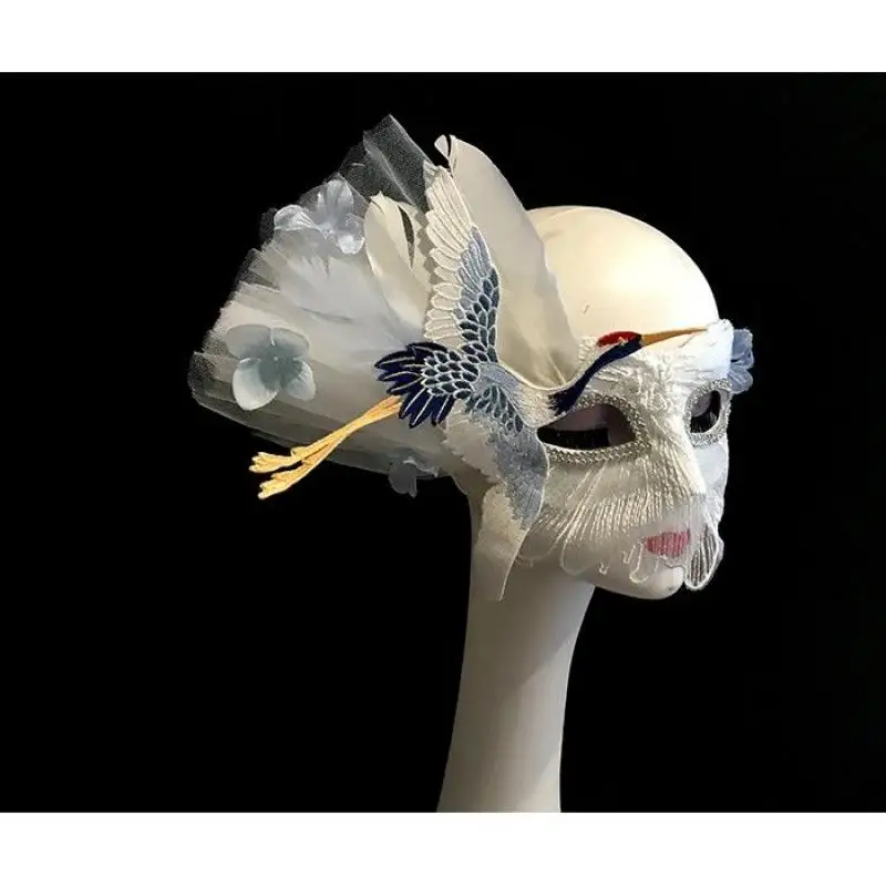 1Pc Chinese Style Exquisite Feather Red-Crowned Crane White Tassel Mask Costume Party Decorative Photography Prop Mask