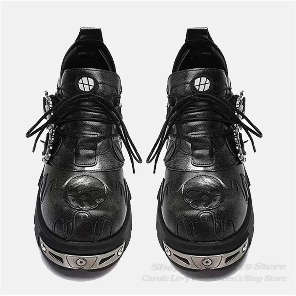 Retro Rock Dark Punk Small Leather Shoes Metal Splicing Low Top Height Increasing Round Toe Platform Men Washed Single Shoes