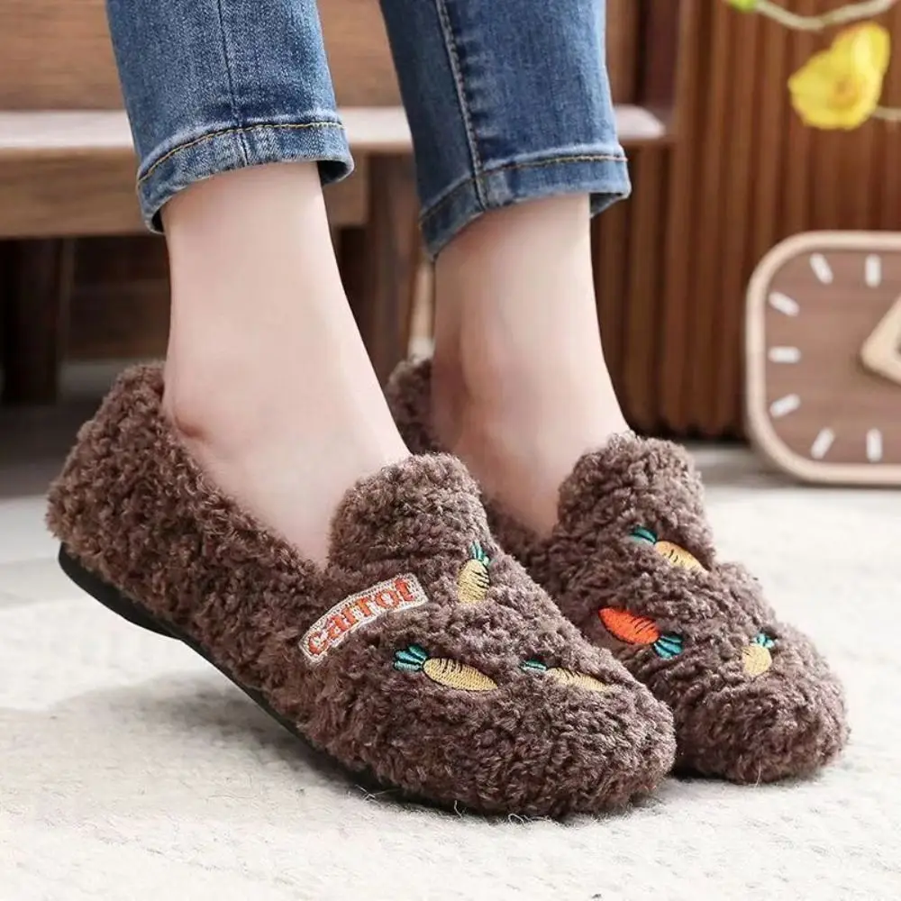 Cute Embroidery Carrot Plush Slipper Cartoon Anti-skid Fluffy Flats Shoes Warm Soft Plush Shoes Women Soybean Shoes