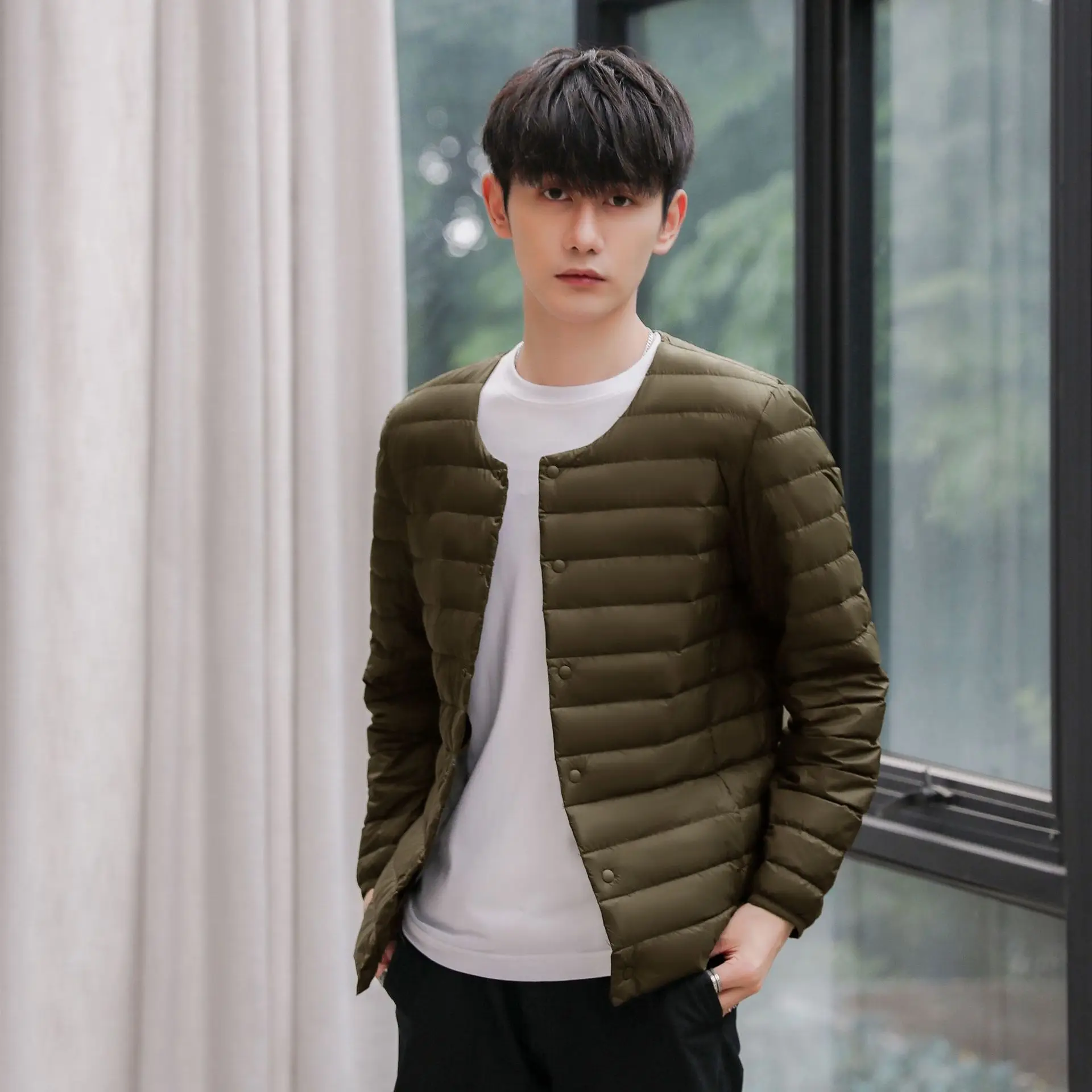 90 velvet men's thin down jacket four seasons new collarless short thin light casual clothes white duck down inside a warm coat