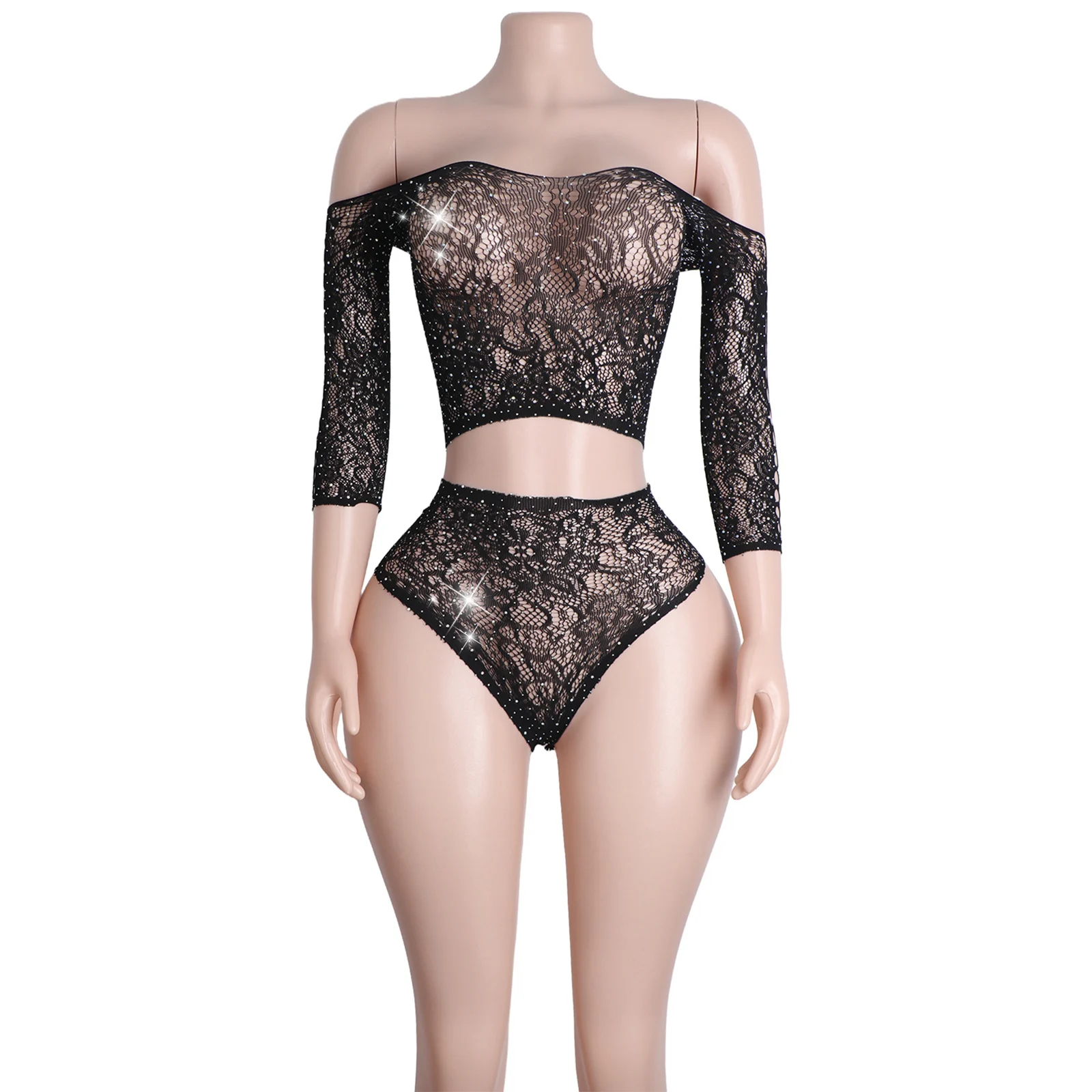 

Women's Sexy Exotic Fishnet Apparel with Sleeves Rhinestone Clubwear Performance Outfit Water Diamond Underwear