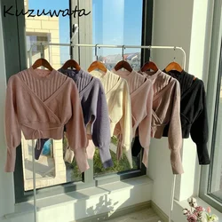 Kuzuwata Solid Color Sexy Shoulder Strapless Women Sweaters Sweet Loose Drawstring Knitted Coat Spring Autumn New Pullovers