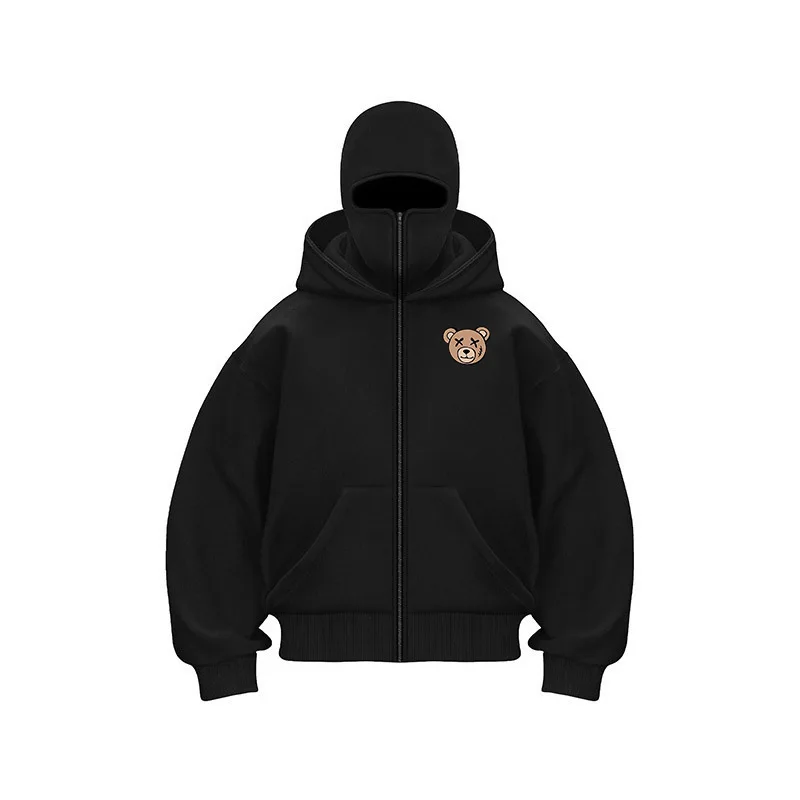

Unisex Double Hooded Fleece Sweatshirt Men Balaclava Hoodie Half Zip Warm Outfit Fall Winter Men Clothing Double Layered Hoodie