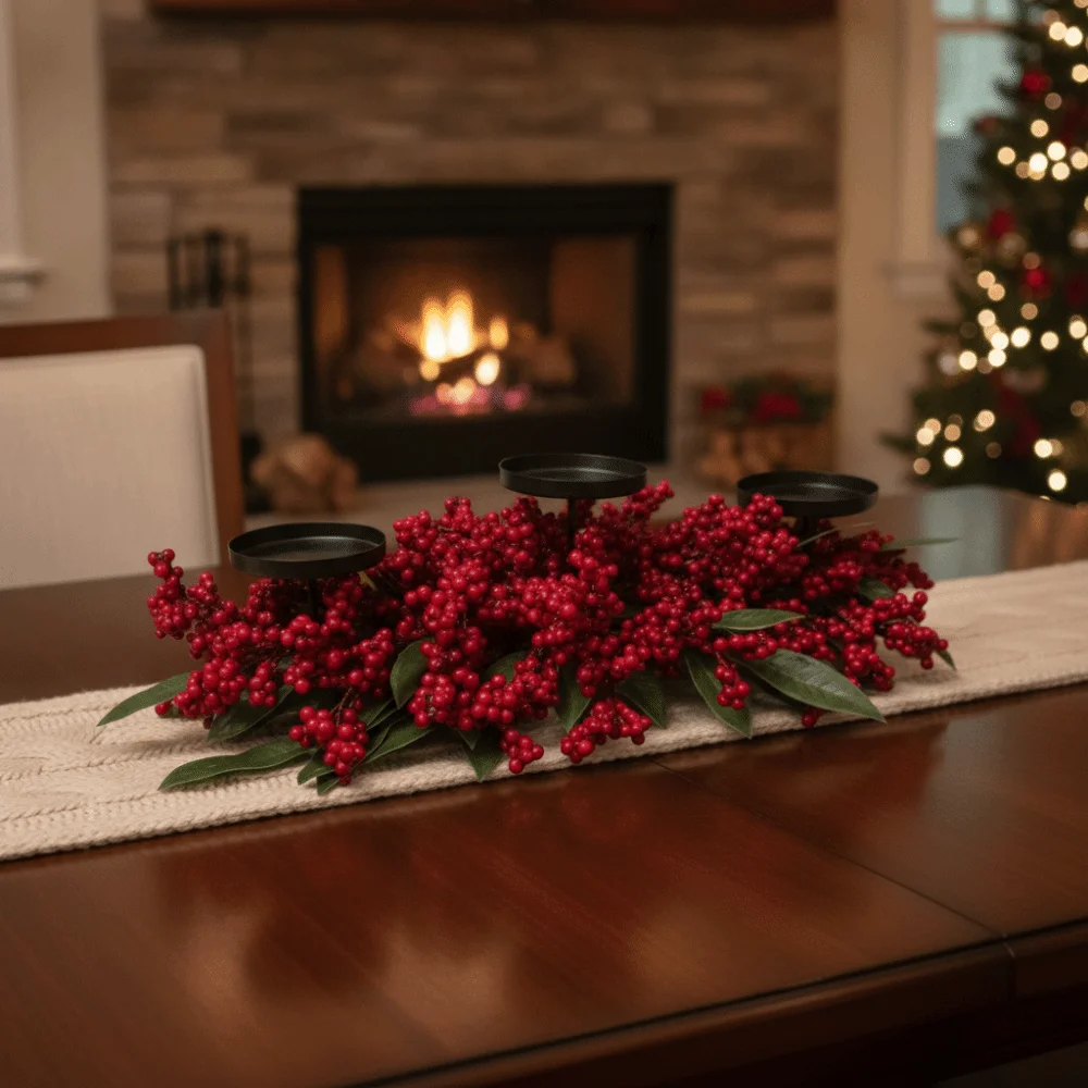 Artificial Berry Wreath Three Legged Candle Holder Wrought Iron Stable Base Christmas Candlestick Red Simulated