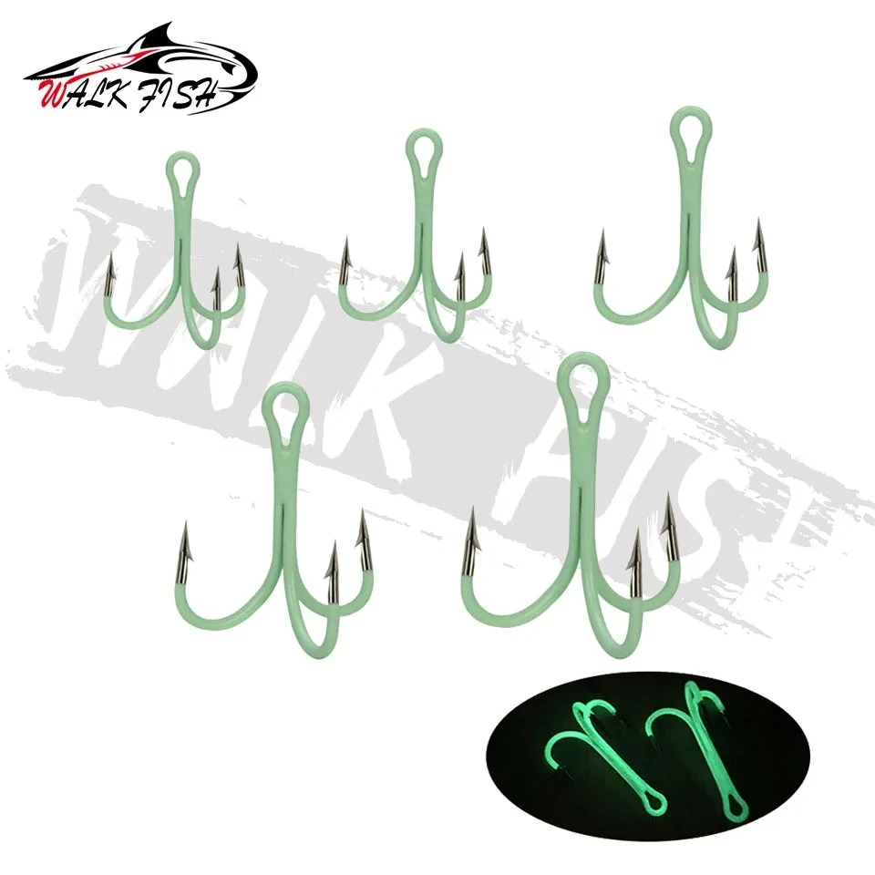 WALK FISH 10PCS/Lot High Carbon Steel Treble Fishing Hook Barbed Fishhooks Luminous Triple Hooks Sea Tackle Accessories