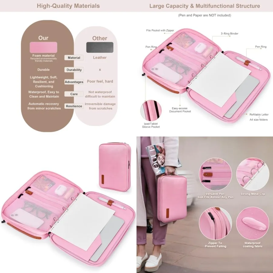 Профессиональный органайзер-портфель с застежкой-молнией для женщин и мужчин — сумка премиум-класса с 3 кольцами и сумкой для хранения iPad H