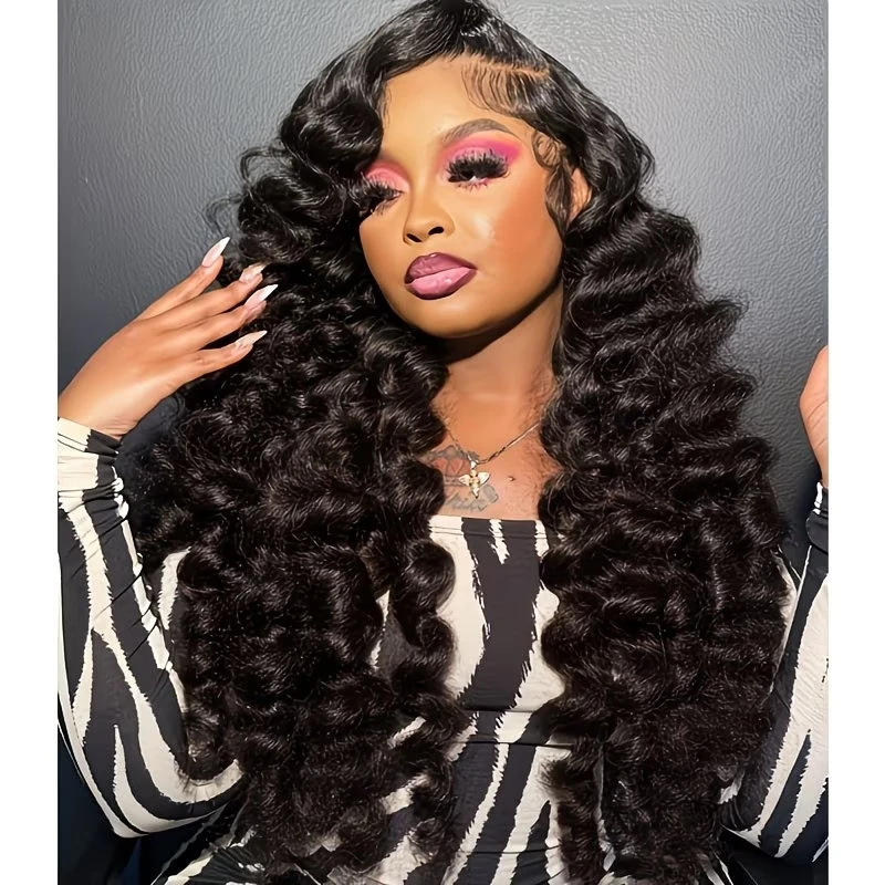 36inch Loose Deep Wave Human Hair Glueless Wigs 230% Density 13x6 Swiss HD Lace Front Wigs Pre Plucked Pre Bleached Put On And Go Loose Wave Deep Glueless Wigs For Women #1B Color Curly Human Hair Wigs With Baby Hair
