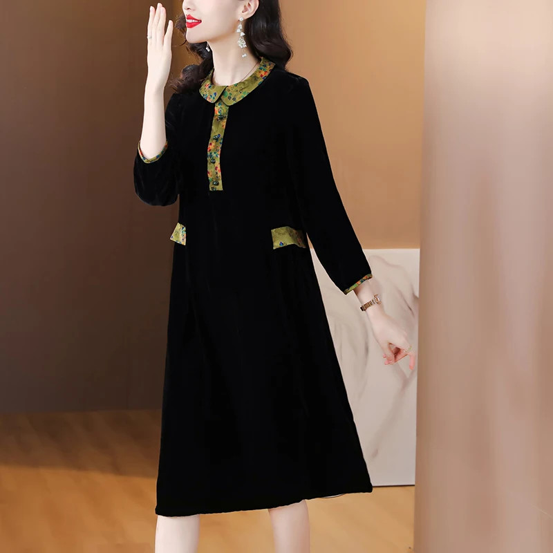 Black Velvet Long Sleeve Polo Collar Midi Dress Women Korean Vintage Dress Autumn Winter Thick Warm Elegant Dresses