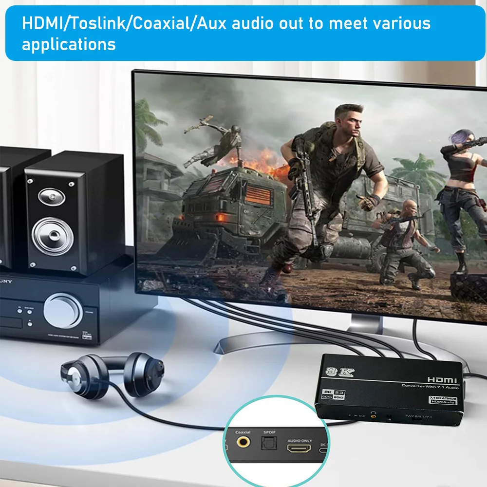 HDMI 2.1 Audio Extractor Converter 4K 120Hz HDMI 2.1 Audio Converter 8K HDMI na HDMI Audio+Video+Digital Coaxial Audio+Aux Audio