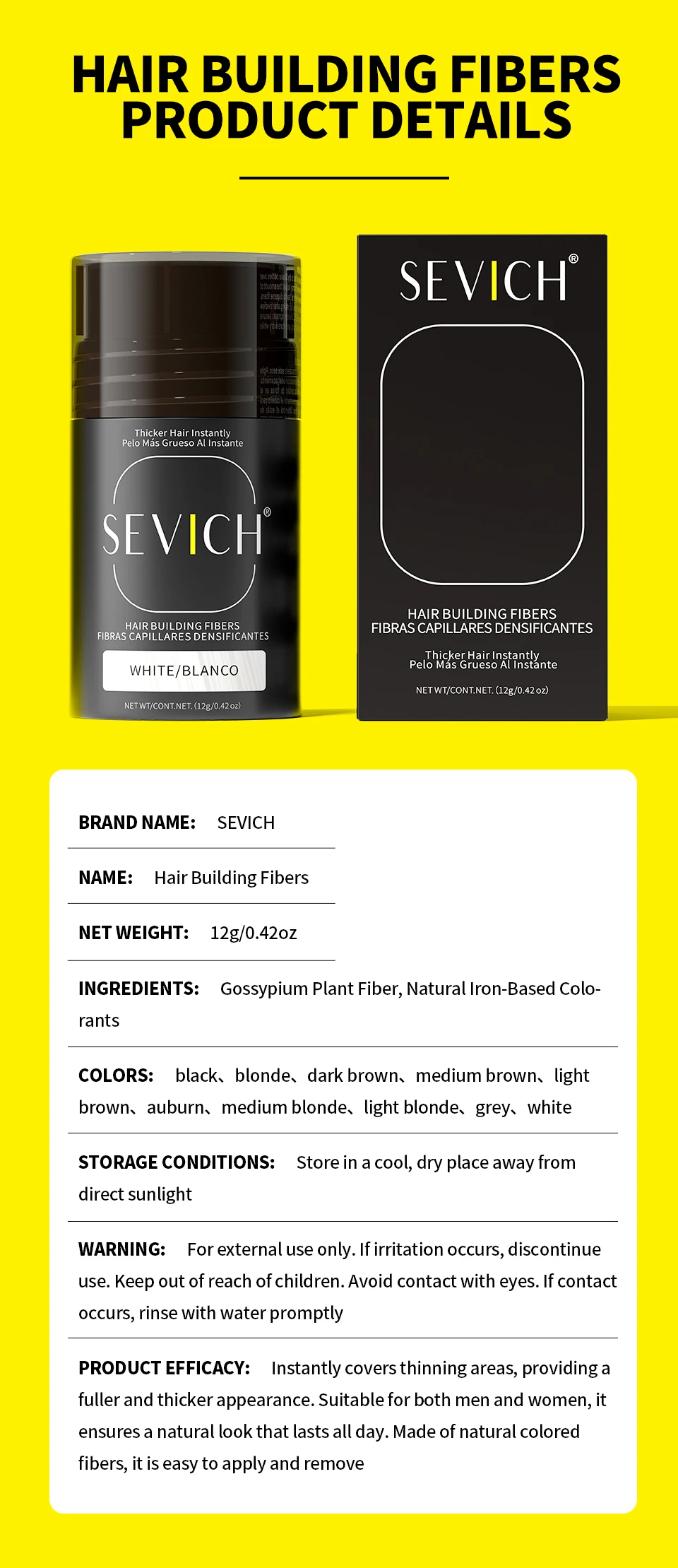Sevich Haarverdichtungs-Faser-Set 12g Sofort-Haarwuchs-Verdickungspulver Dichtes Haarspray-Applikator Unisex Haarausfall-Produkte – Detail 12