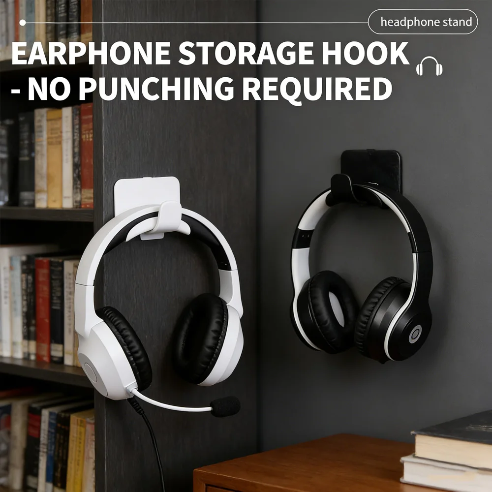Adhesive Headphone Stand No Drill Headset Hanger for Over-Ear Bluetooth Earphone Multi-Purpose Storage Rack
