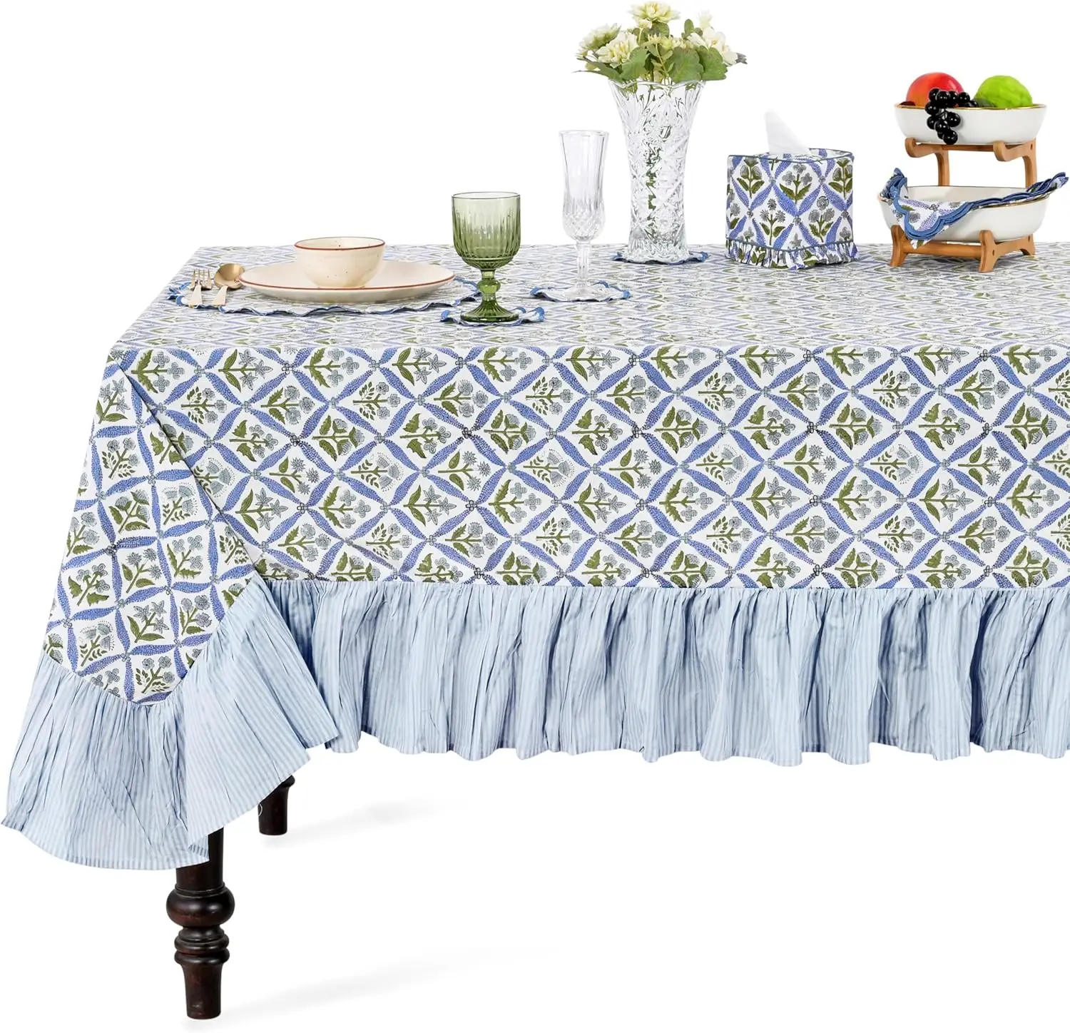 

Cotton Floral Tablecloth 60x90 Rectangle Hand Block Print Ruffle Edge Vintage Farmhouse Kitchen Decor