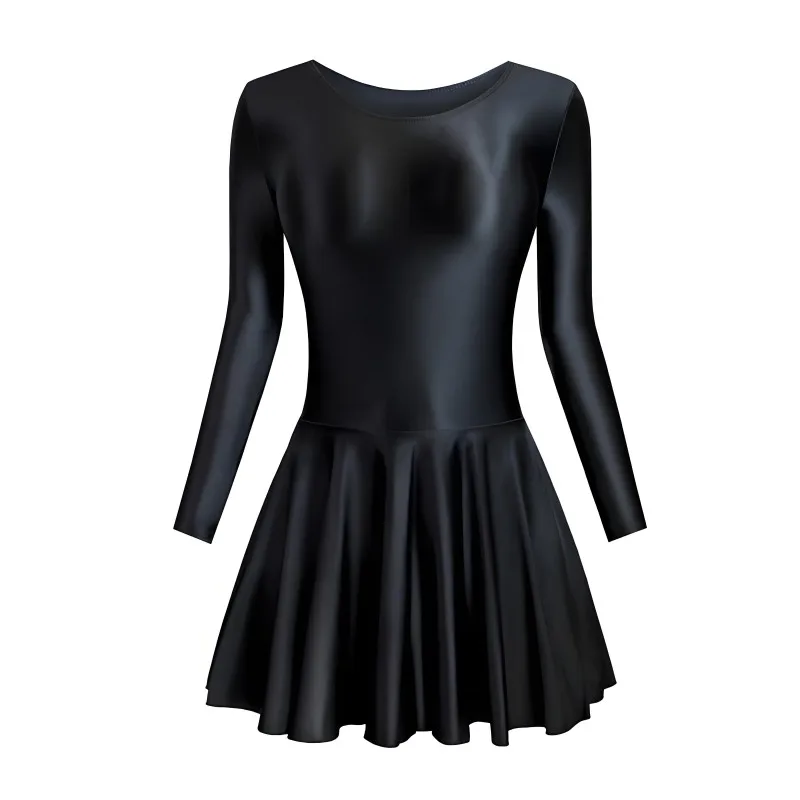 فستان ساتان ناعم لامع زيتي بأكمام طويلة وتنورة رياضية للسباحة واليوجا وتنورة باليه وأكمام طويلة تنورة للحفلات يوتار