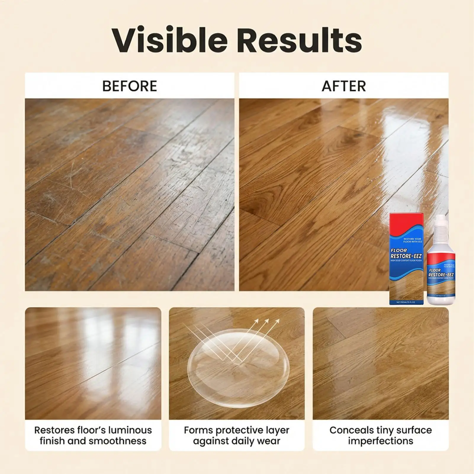 150ml Floor Restore Solution Liquid Flooring Renewal Agent Wood Floor Polishing Care for Home Apartment Dormitory Living Room
