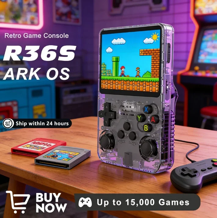 R36S Retro-Spielekonsole Handheld-Video Arkos 2.0-System 3,5 Zoll Einzelkarte Tragbarer Taschenvideoplayer 64 GB 128 GB 20000 Spiele - Lila