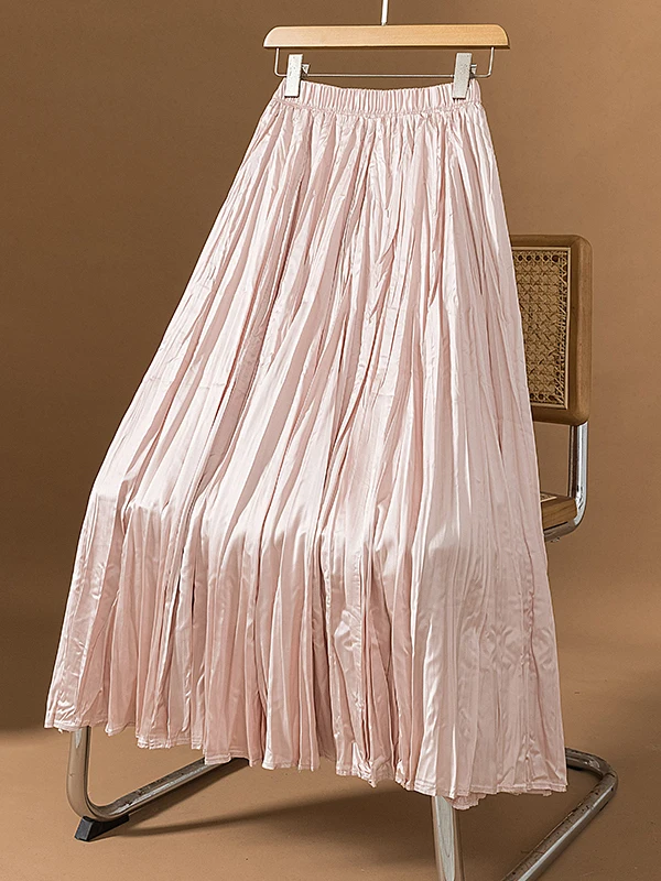 

Pink Pleated A-Line Midi Skirt Women's Spring Autumn plus Size Elastic Waist Loose Meat Covering Versatile Full Skirt