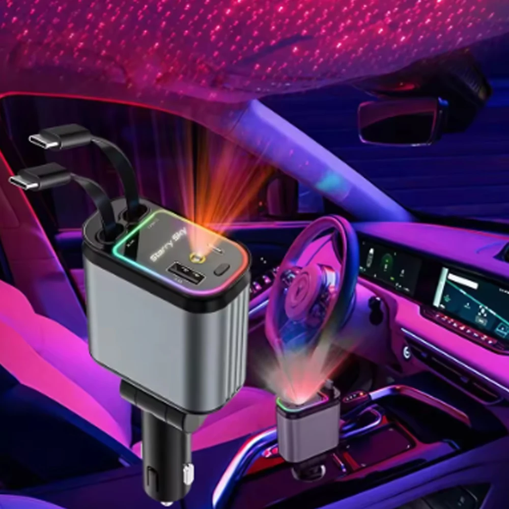 

Starlight Retractable Car Charger with Retractable Cables Starlight in Car Roof 4 in 1 Super Fast Car Phone Charger Compatible