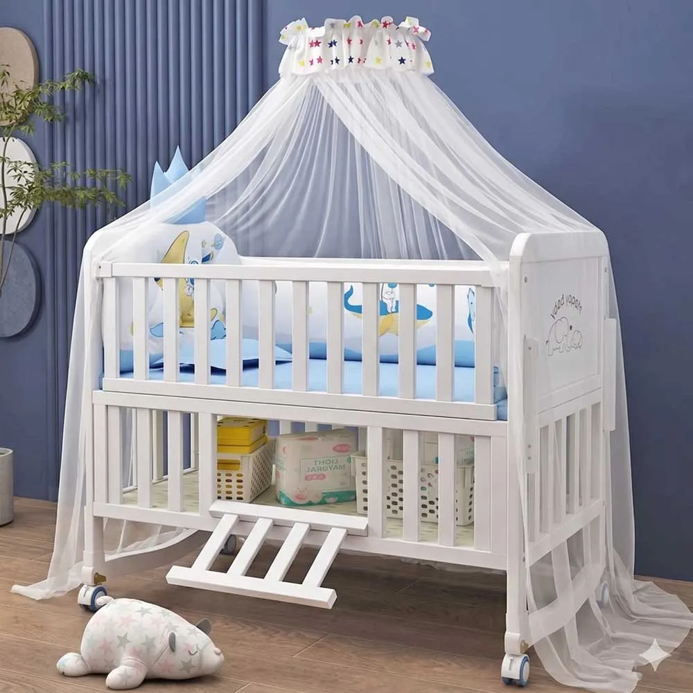 Premium Babybett aus Massivholz, umbaubar zum Kinderbett, Wiege, mobiles Bett mit Stauraum, Moskitonetz, Bettwäsche-Set