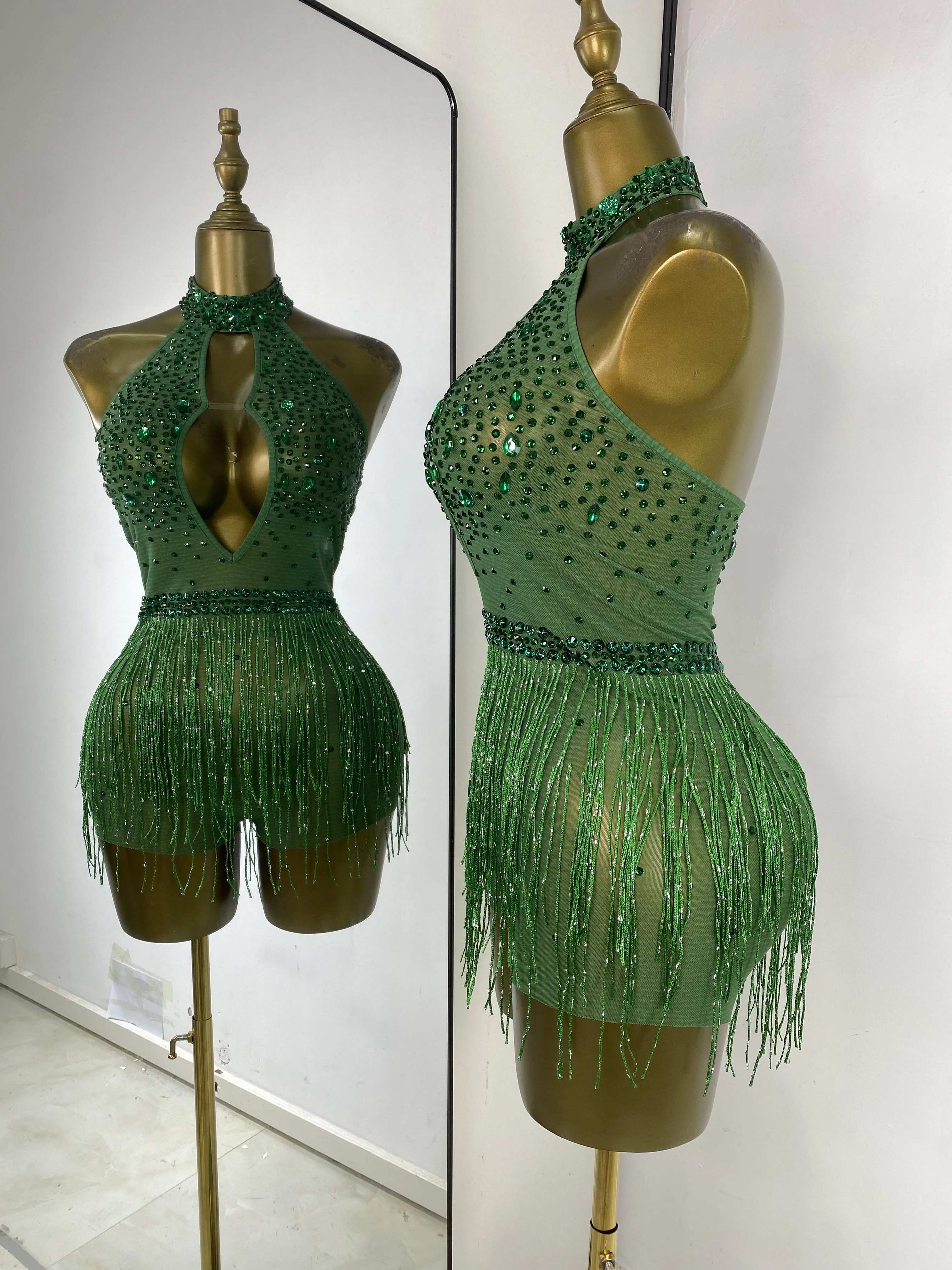 

Sexy Green Rhinestones Mesh Tassel Leotard Ballroom Dress Competition Women Special Occassion Nightbar Club Party Dresses