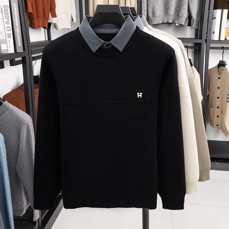Men’s Knit Sweater Fake Two Piece Layered Design Long Sleeve Round Neck Soft Warm Fabric Casual Fashion Autumn Winter Men’s We