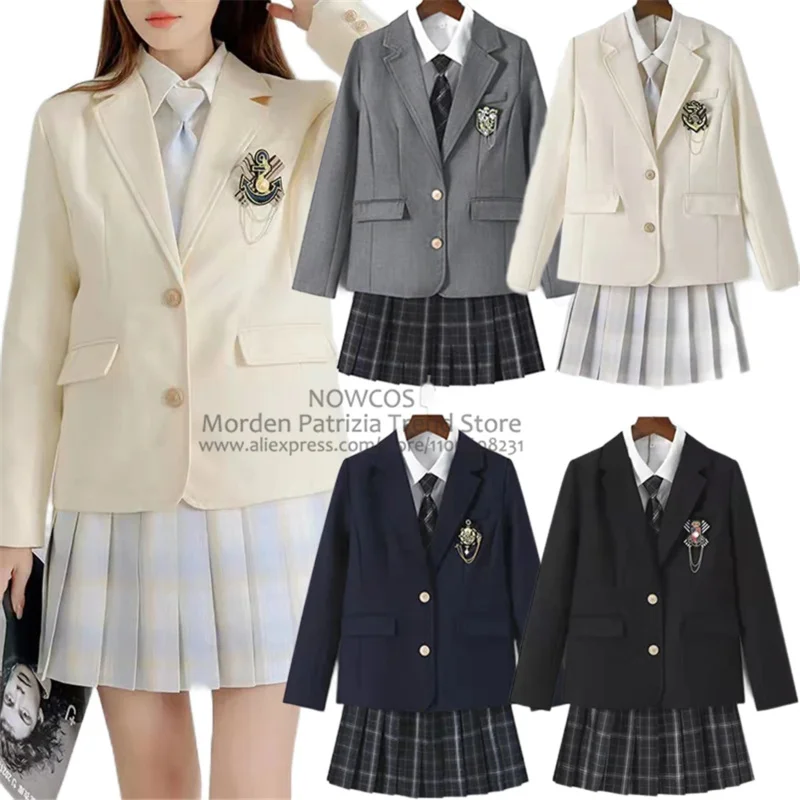 

Women Men Spring Autumn Solid Color Beige Navy Suits Blazer Long Sleeve Jackets Coats Outwear JK School Uniform Students Clothes