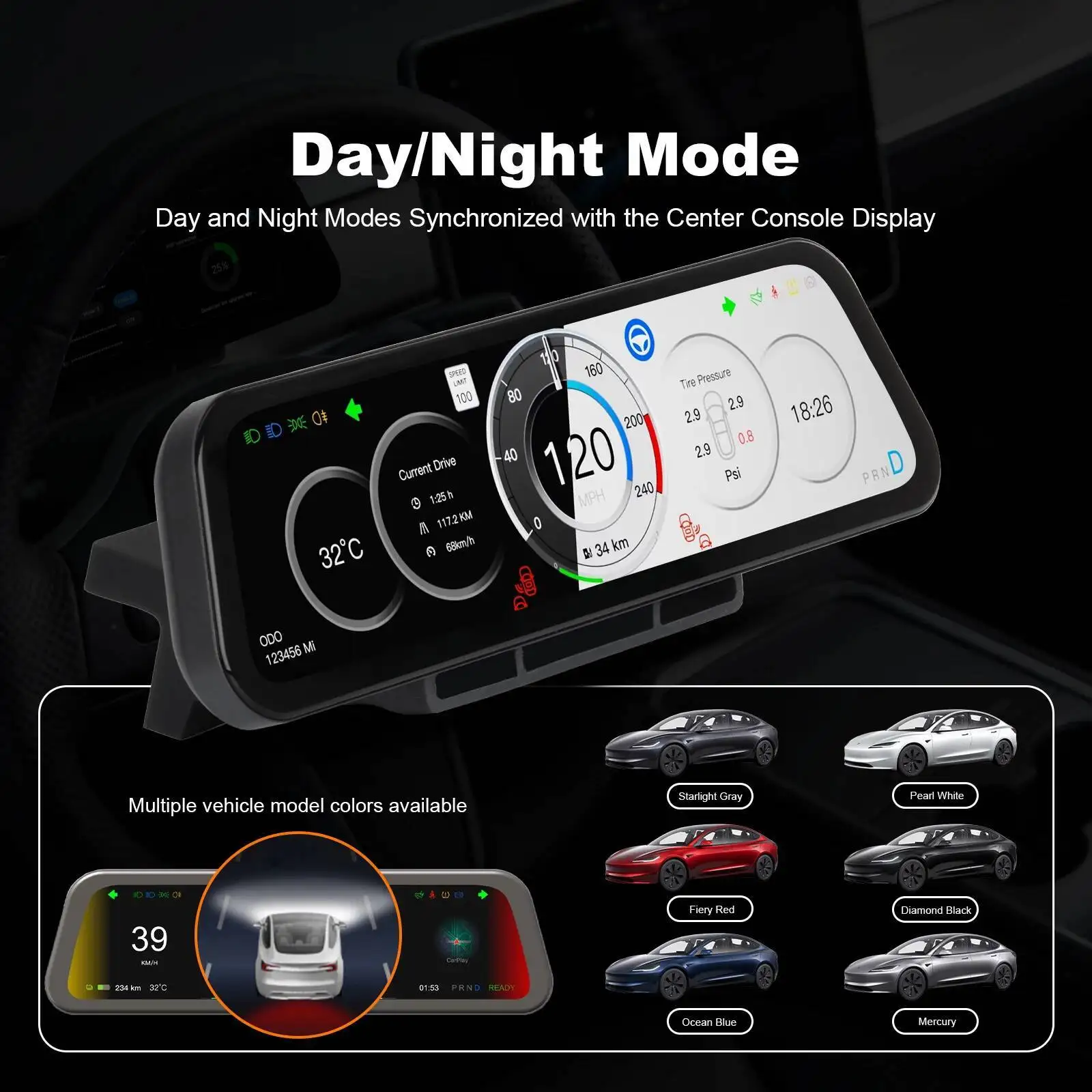 9.6inch 1920*720P Andriod Auto Wireless CarPlay Instrument LCD Digital Cluster Screen For Tesla Model 3/Y/YL Dashboard Display view 4