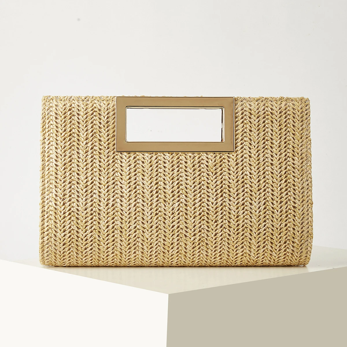 Gewebte Damenhandtasche, Sommer-Strand-Essential, Urlaubssaison, Einfarbig, Strohtasche, Vielseitige Party-Handtasche, Abnehmbarer Schulterriemen, Leichte Luxus-Metallhandtasche,