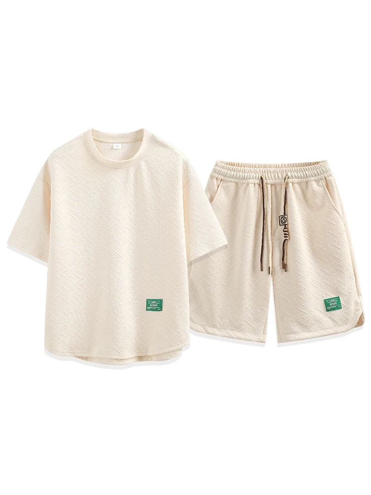 

Летний повседневный спортивный костюм для мужчин: футболка с круглым вырезом и шорты, комплект из двух предметов, полиэстер, молодежный стиль