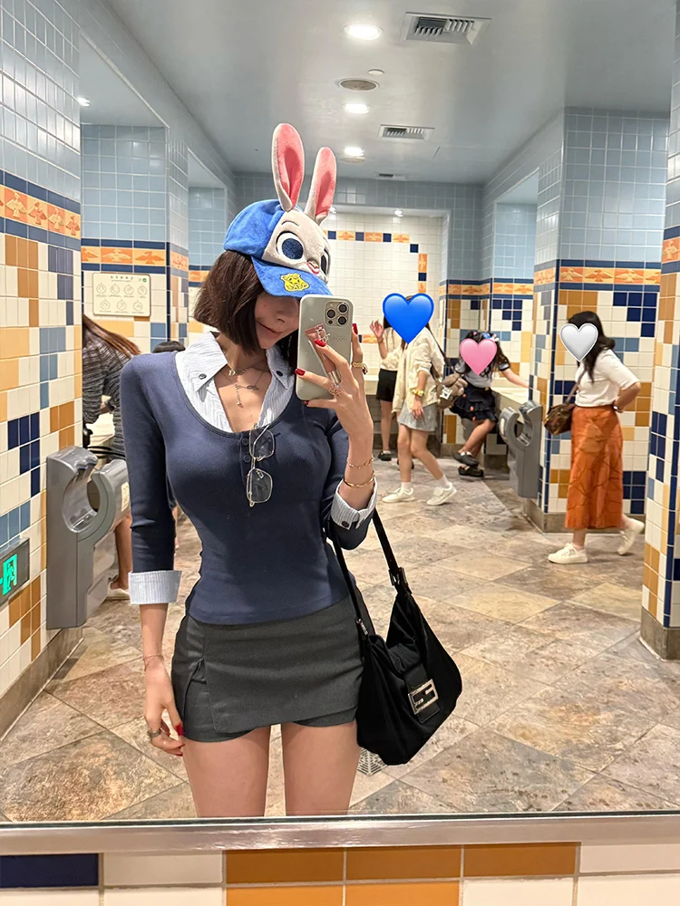 تي شيرت أمريكي Sle Ne Fake مكون من قطعتين طويل Sve تي شيرت نسائي بطبقة أساسية للتخسيس فريد من نوعه ومنزلق للخريف