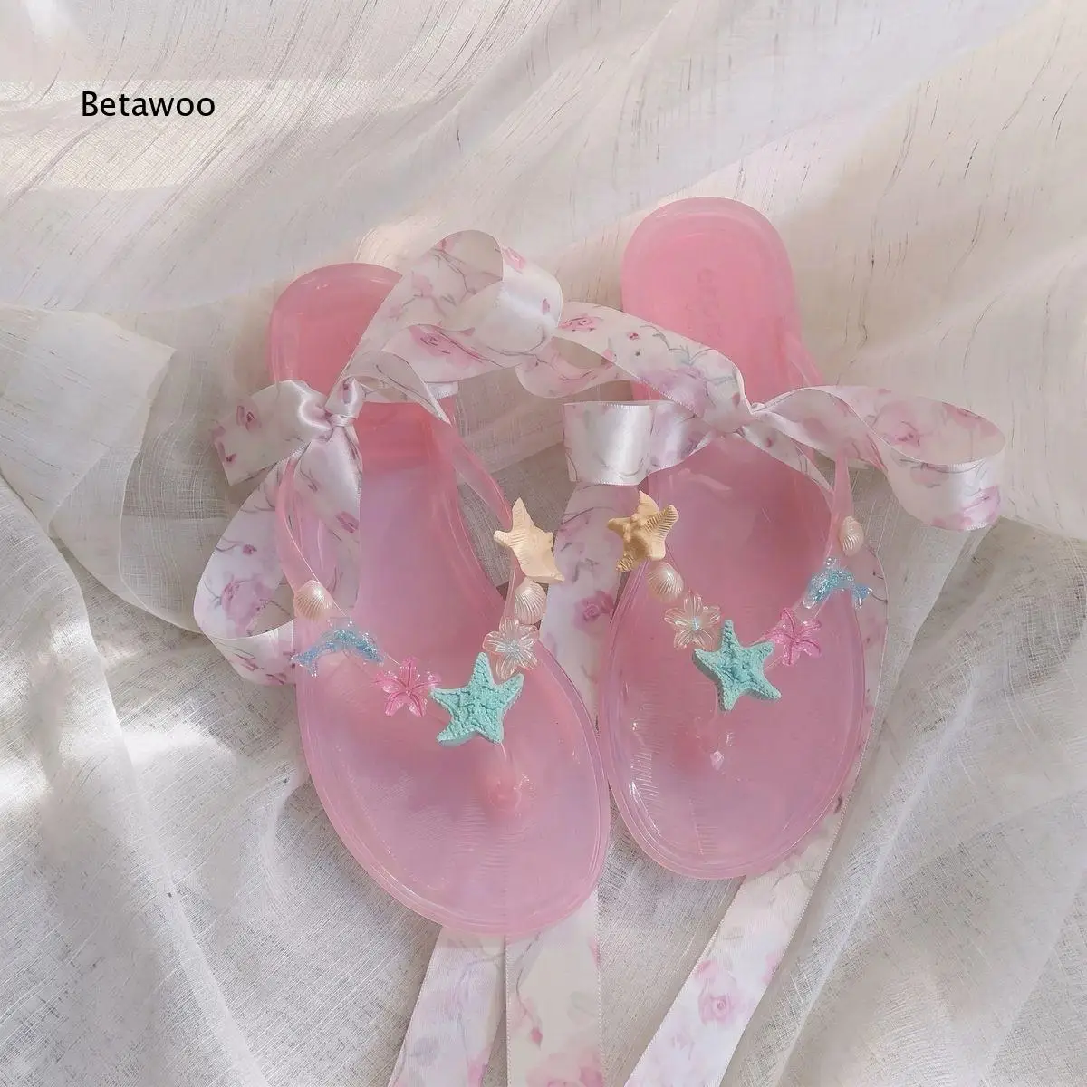 Women Starfish Decor Jelly Thong Sandals Clear Clip Toe Summer Beach Vacation Shoes