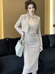 Spring 2 Piece Suit Set for Women 2023 Office Lady Business Long Sleeve Short Jacket Lace Sequins Slip Strap Dress Femme Clothes