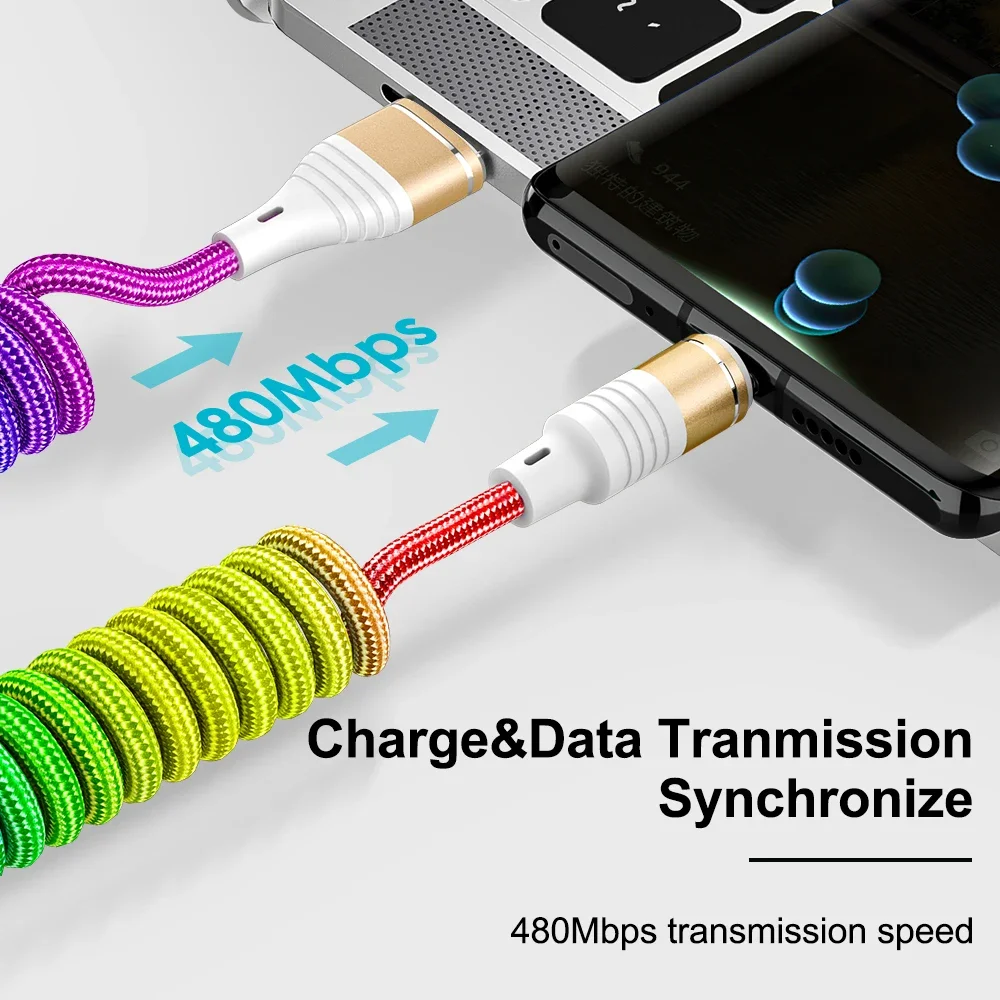 Cabo de mola para iPhone, Carregador de carregamento rápido para IOS, Cabo USB C, iPhone 13, 12, 11 Pro, X, Xs Max, 7, 8, 6s Plus, 1m, 3A