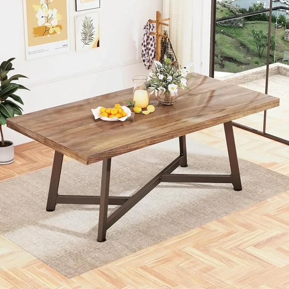 

72 inch solid wood dining table, suitable for 6 people, simple large brown rectangular dining table with adjustable metal legs