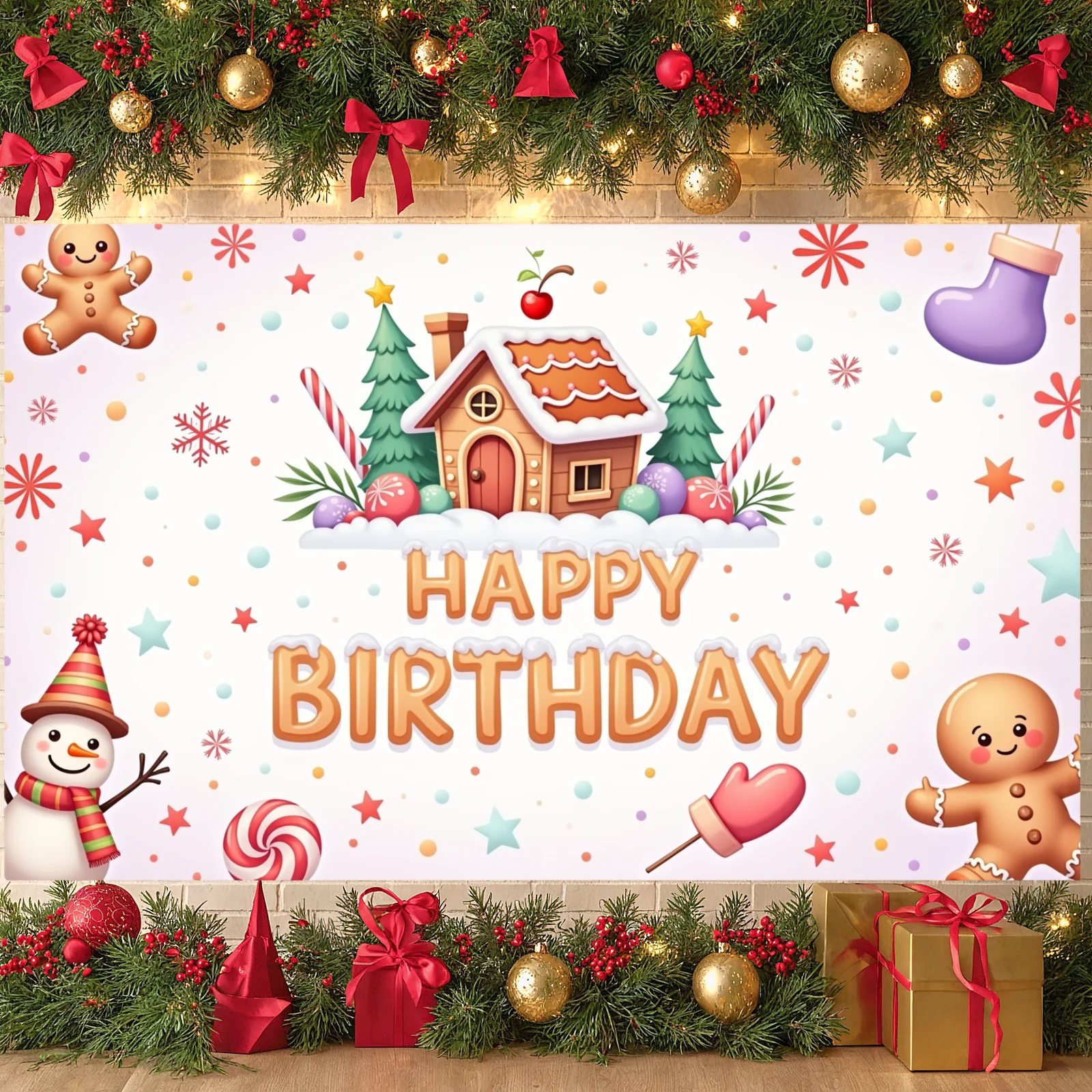 Christmas Birthday Banner Colorful Stars Candyland Display Gingerbread House Display Christmas Tree Xmas Birthday Backdrop