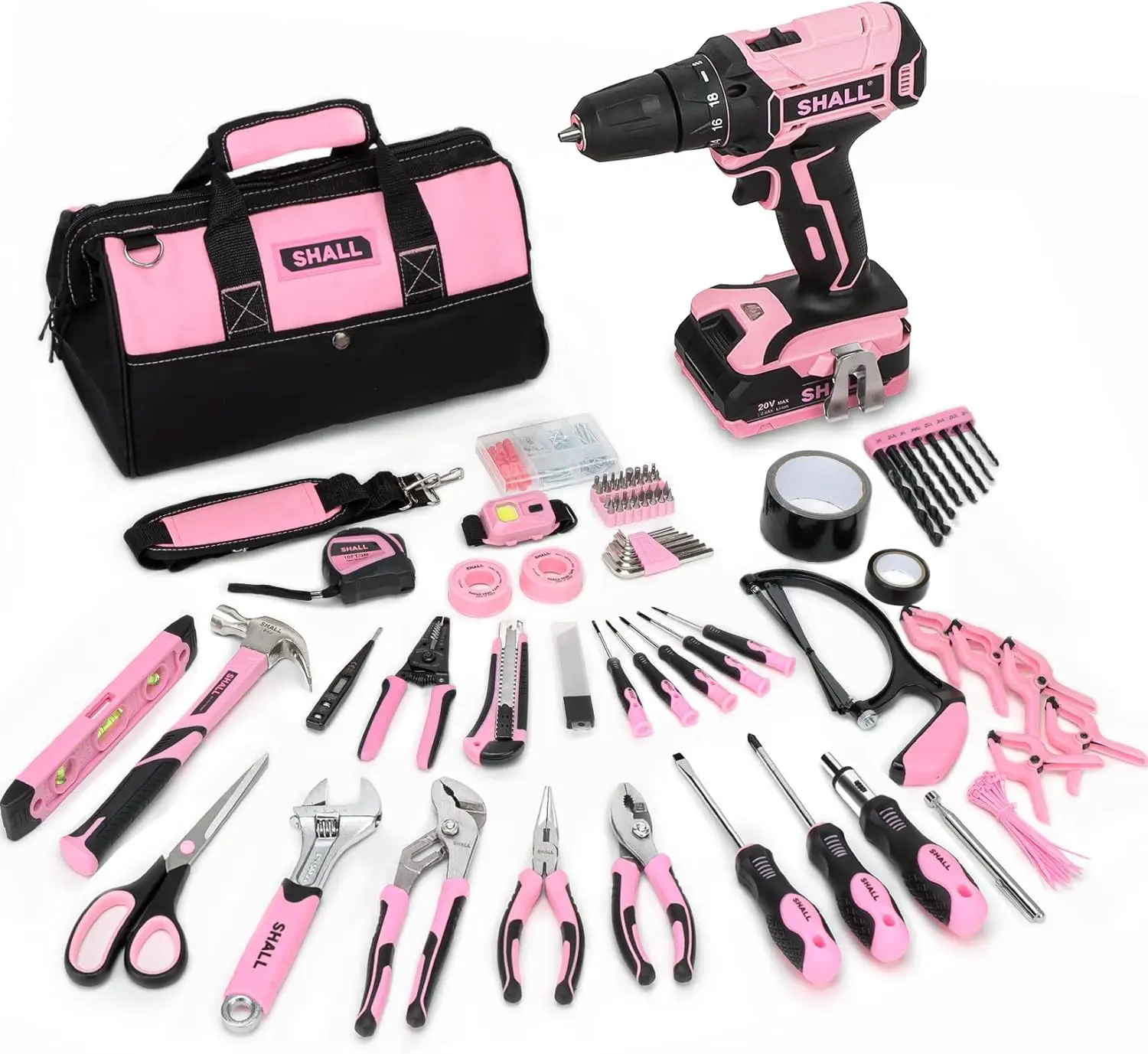 Shall 247Pcs 20V Cordless Drill Driver & Household Tool Kit For Women, Pink Electric Power Drill Screwdriver And Home Hand Tool