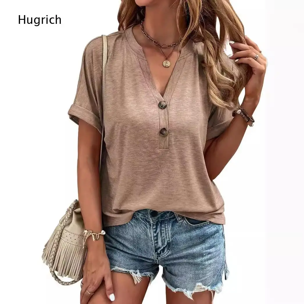 Women Notched V Neck Half Button Henley T Shirt Rolled Short Sleeve Soft Heather Fabric Loose Casual Daily Blouse Top