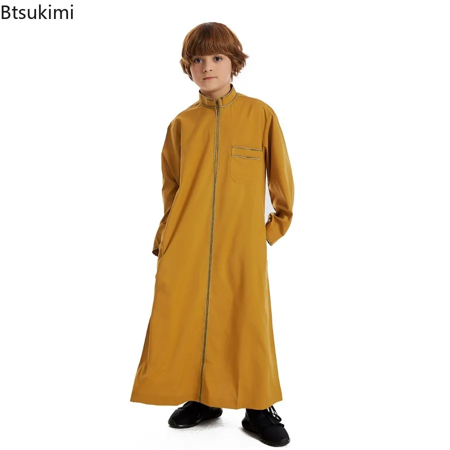 Turkish Muslim Kids Abaya Jubba Thobe Kimono Boy Thobe Thawb Caftan for Children Islam Eid Clothing Long Robe Dress Dubai Saudi