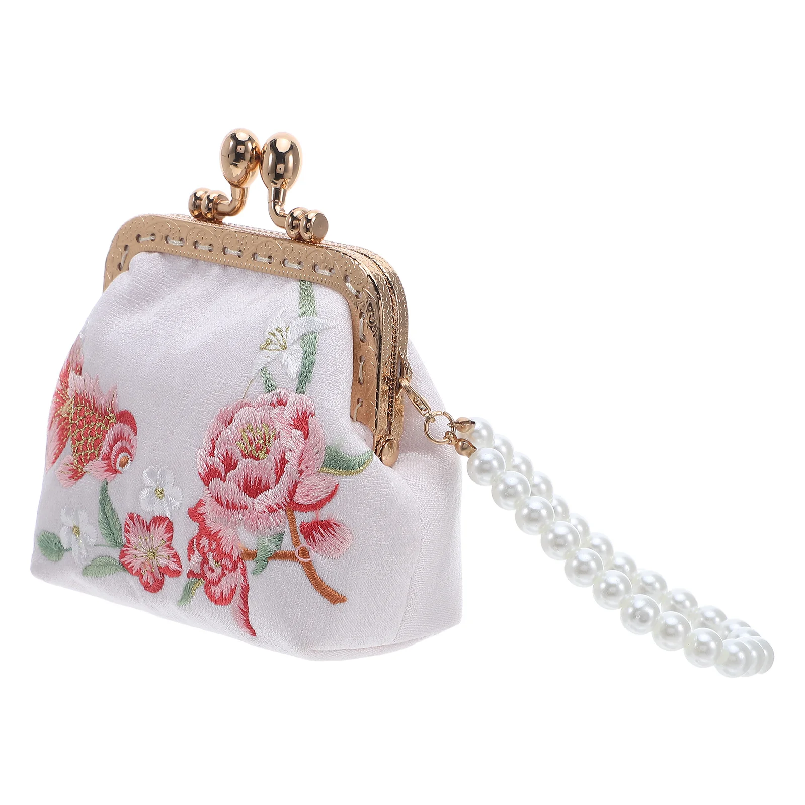 Embroidered Mini Wallet Double Clasp Closure Floral Makeup Pouch Pearl Trim Change Purse Elegant Chinese Traditional Brocade