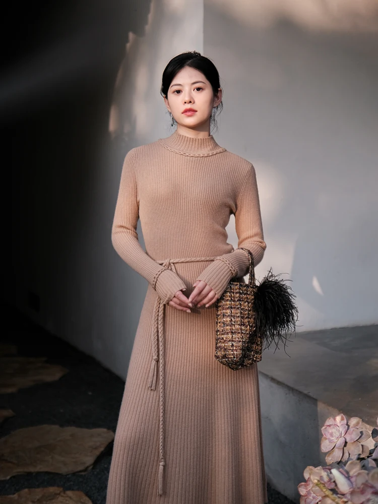 

Ультратеплое вязаное платье из кашемира для женщин, осенне-зимнее, новое, приталенное, с длинным рукавом, из шерсти, с круглым вырезом