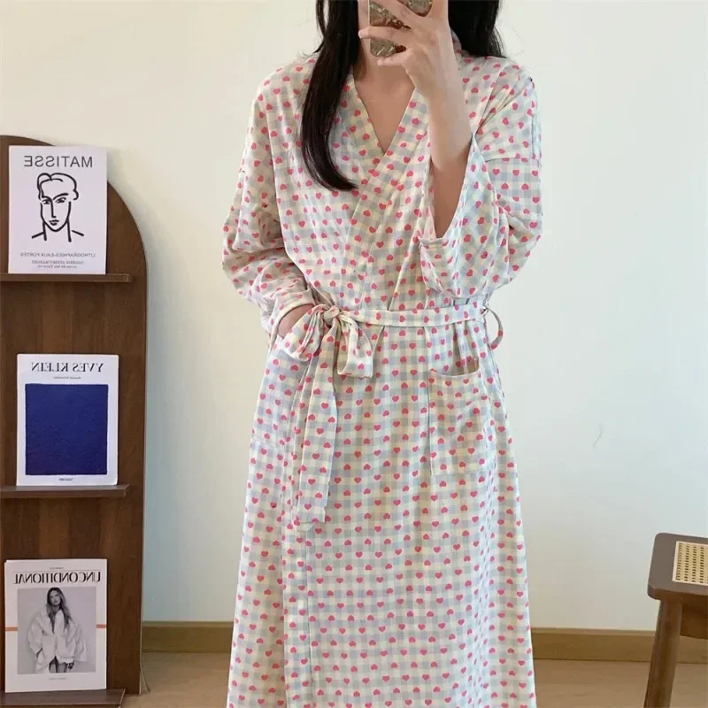 Long sleeve Nightgown Women Japanese Spring and Autumn Kimono Bathrobe Mid-Length Sweet and Cute Plaid Little Love Homewear N...