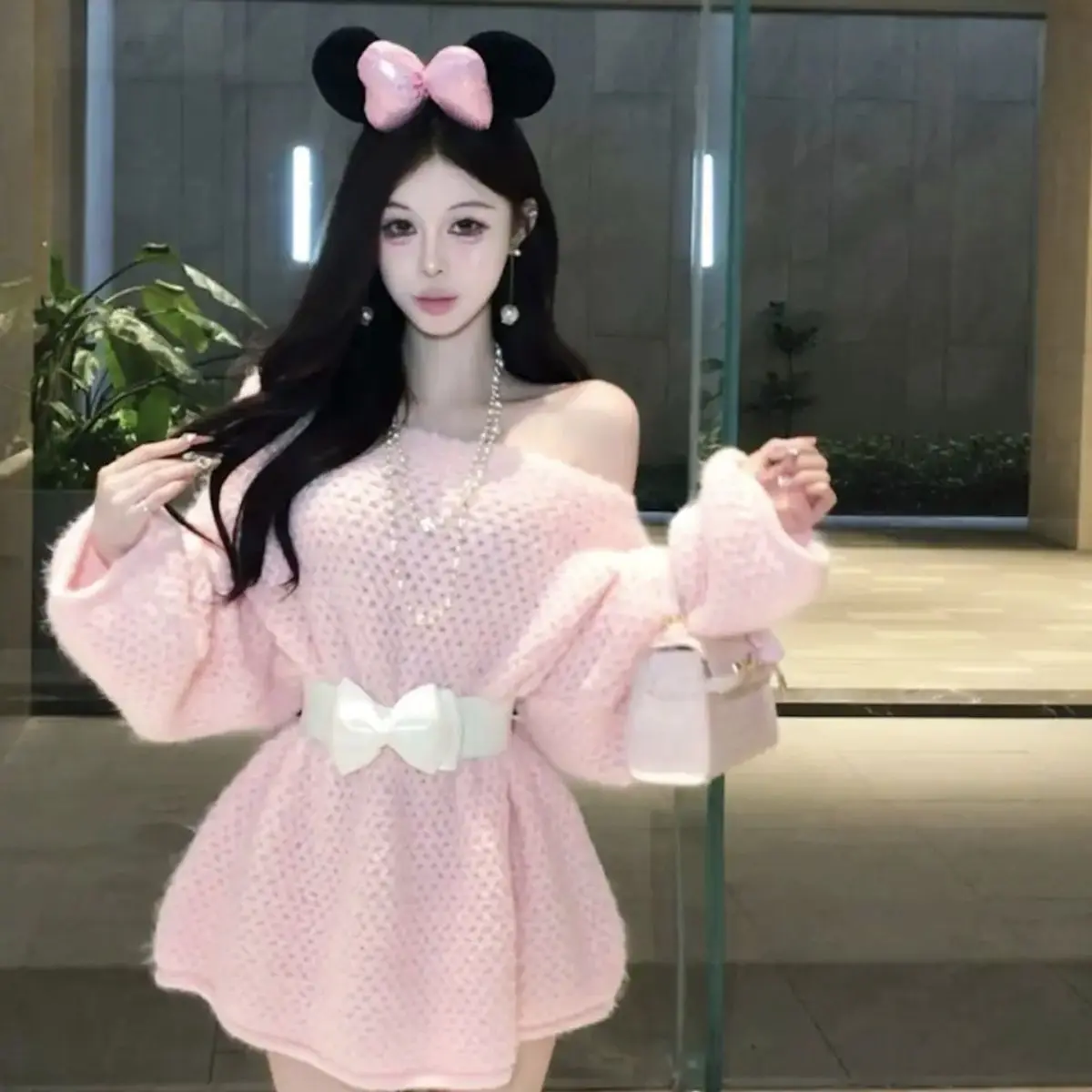 ملابس نسائية بفيونكة حلوة على الموضة الكورية بلوفرات محبوكة فضفاضة سترة متوسطة طويلة للخريف والشتاء ملابس علوية للفتيات #1